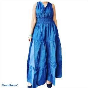 Long Denim Dress With Scarf Cotton Free/Plus Size